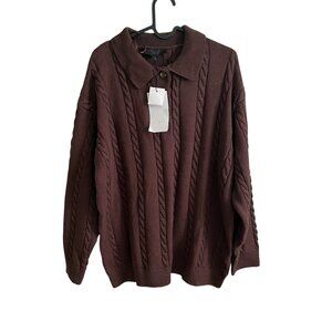 Zara Cable Knit Polo Sweater Brown Size Large – 100% Cotton, Button Front Fall